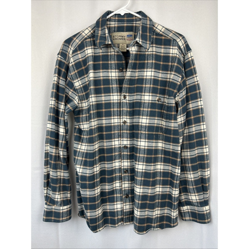 Stormy Kromer Plaid Flannel Shirt Men's Medium Made In USA Blue Multi Colored